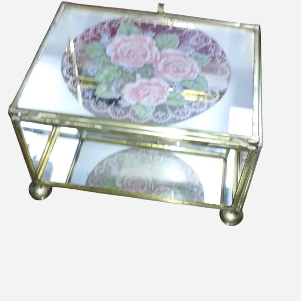 Rose etched glass jewelry box with brass accents